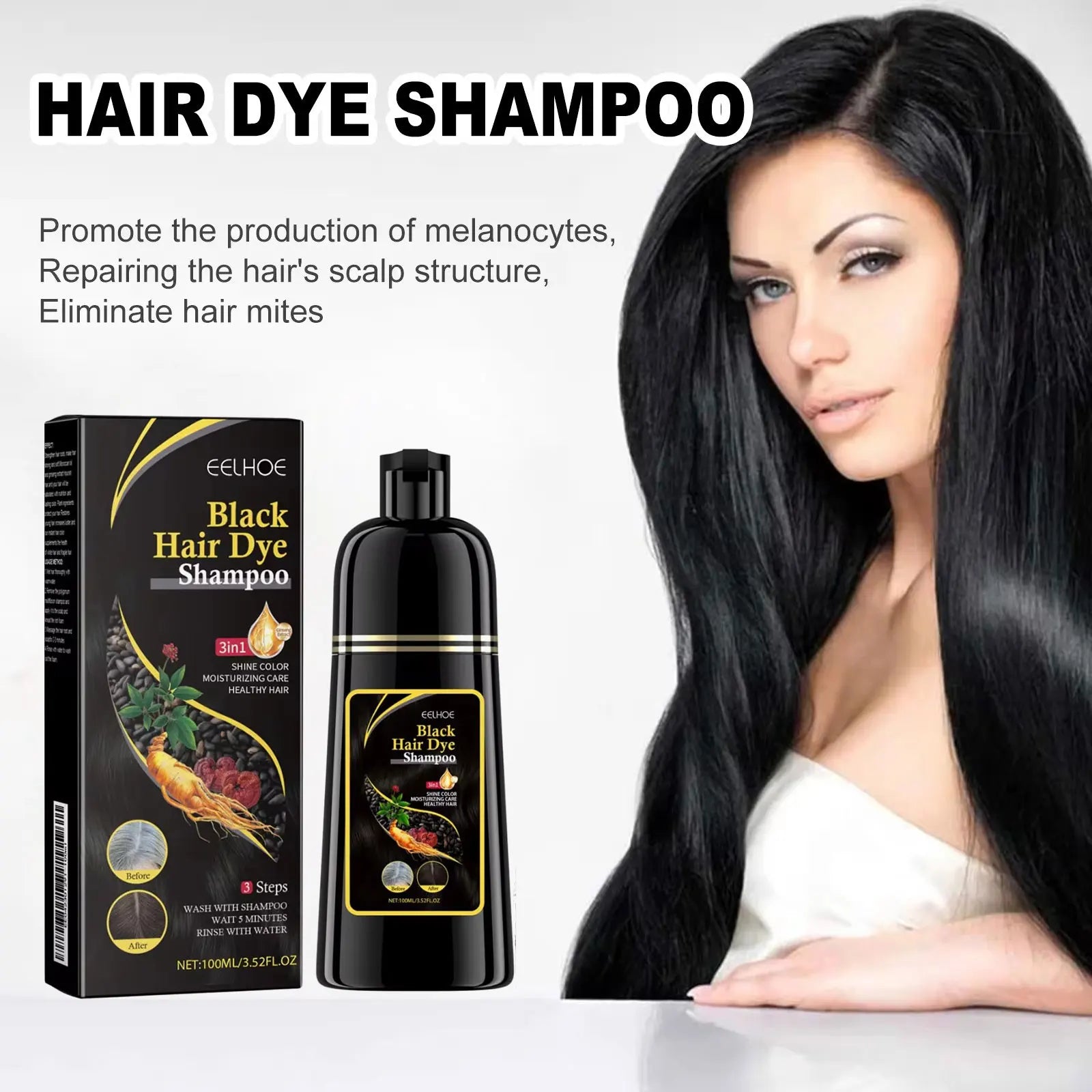 EELHOE 3-in-1 Hair Dye Shampoo to Darken Hair Cleaning Hair Color Shampoo Polygonum Multiflorum Growth of Hair Dye Shampoo 500ml - BlissFully
