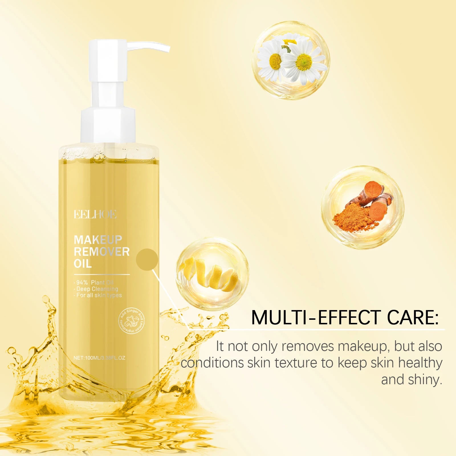 Eelhoe 100ml Ginger Lemon Makeup Remover Oil Cares Skin Clean Pores Makeup Residue Refreshing Non Tight Makeup Remover Oil
