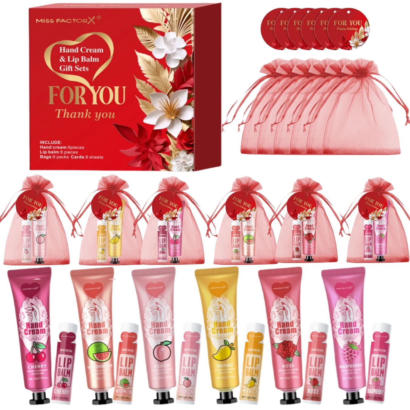 24PCS/box bulk Lip balm bulk Hand cream bulk Red thank you card and red gauze bag Newlywed Thank you gifts to guests Christmas N