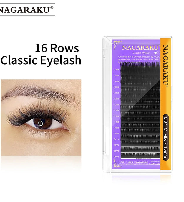 NAGARAKU 16Rows Classic Individual Eyelash Extension Lashes Matte Black Professional Soft Natural