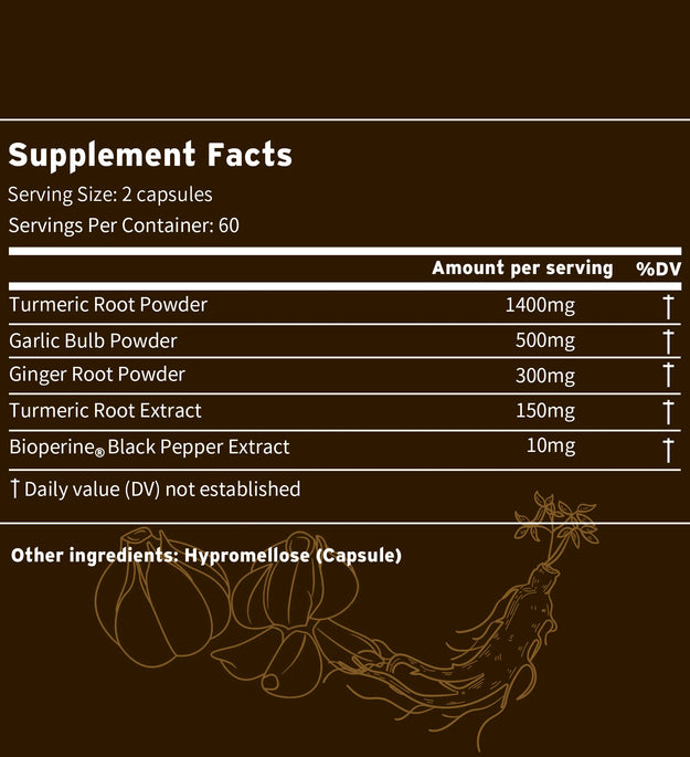 4-in-1 Turmeric Ginger Supplement - Garlic, Turmeric Root, Black Pepper - Joints, Immune Support, Digestion - 120 Capsules