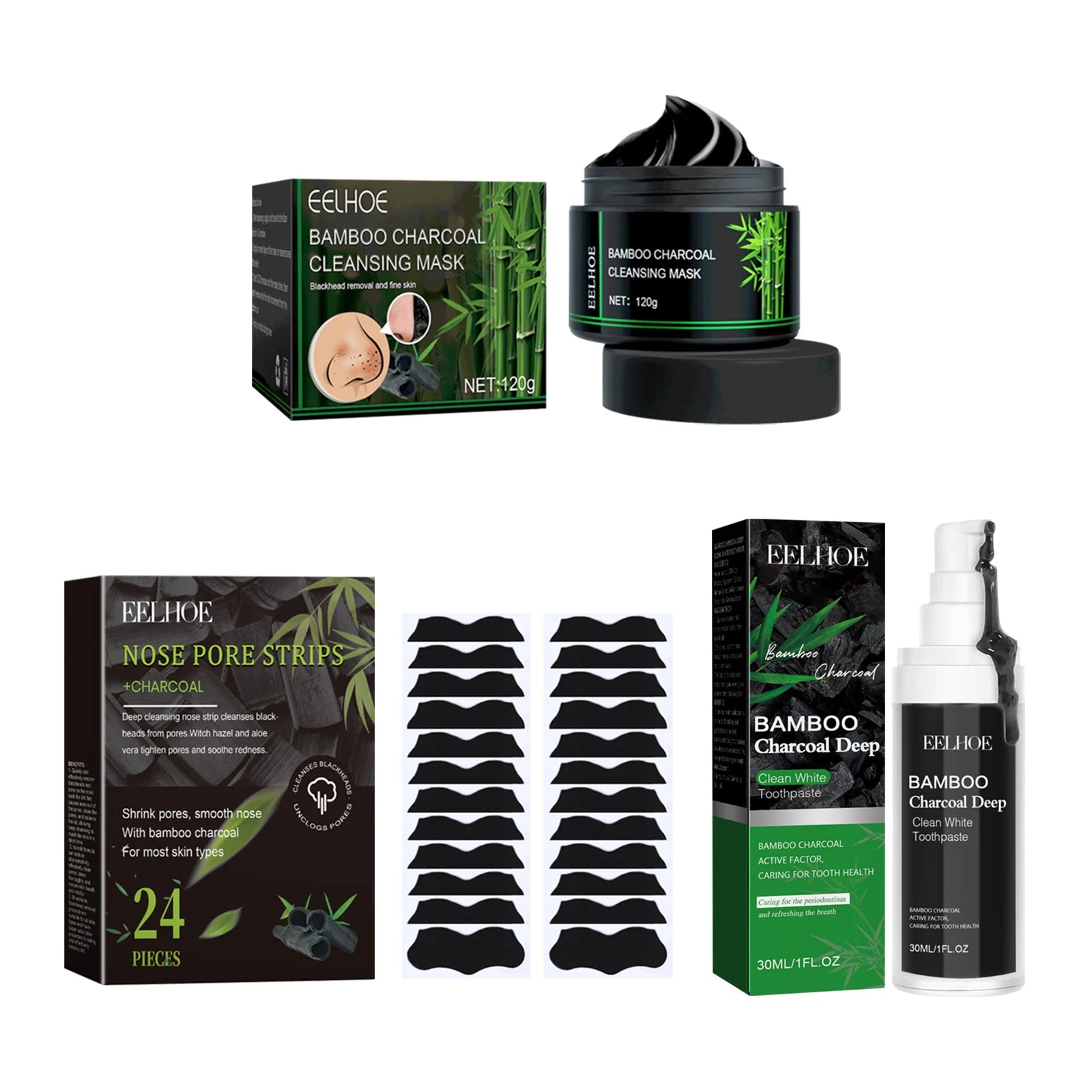 Eelhoe Charcoal Face Mask Nose Strips Toothpaste Blackhead Remover Clean Pores Teeth Whiten Oil Control  Face Teeth Clean Series