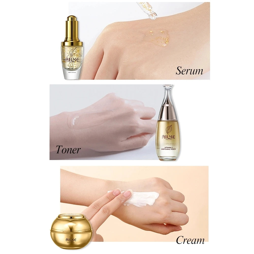 AILKE 24K Collagen Facial Whitening Set, Reduce Black Spots, Freckles, Brightening, Moisturizing Beauty Set For All Skin Types - BlissFully