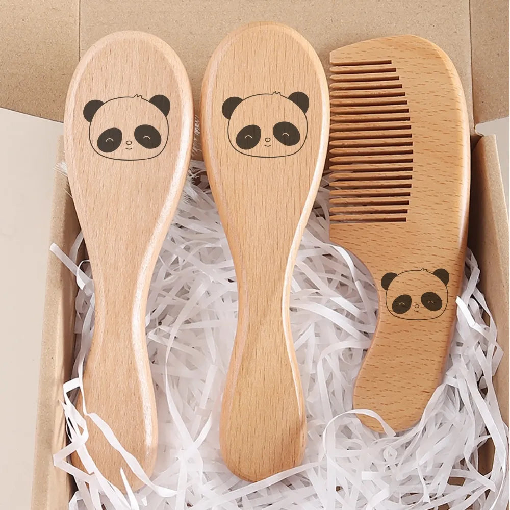 3pcs set engraving panda baby comb brush set newborn gift set Natural Wool beech Wooden Comb Baby Hair Brush air cushion comb