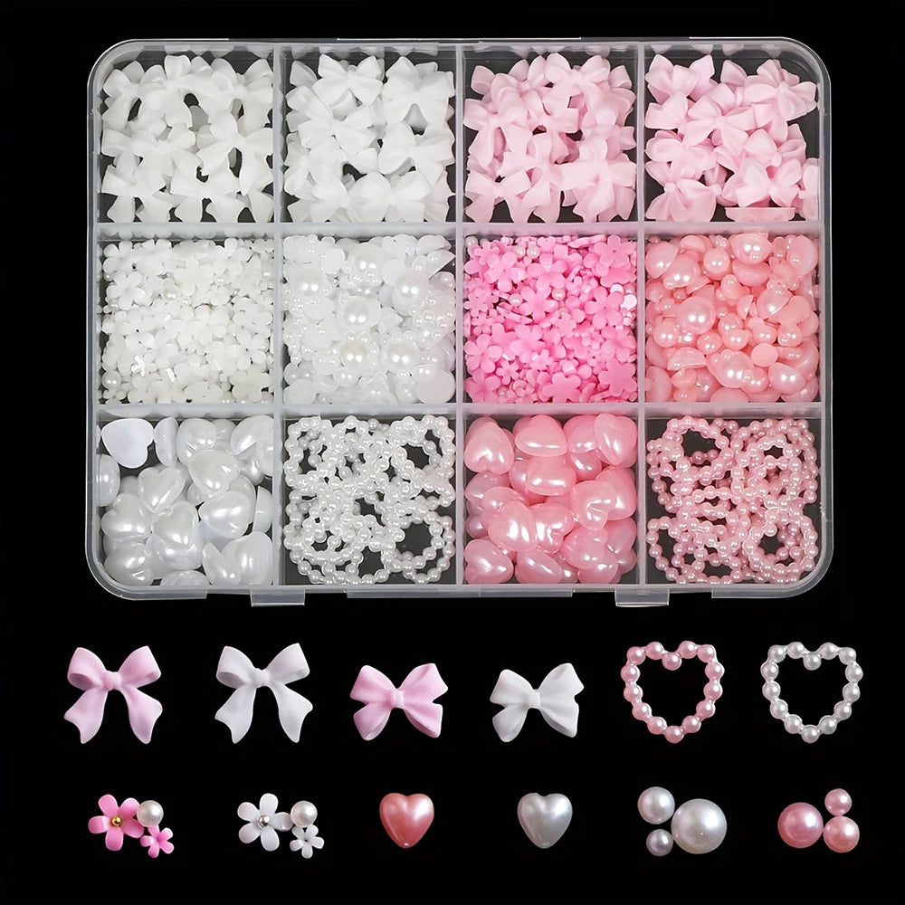 6/7/12 grids 3D Nail Charms and Pearls  Bows Charm Pink&White Star Heart Moon Cute Nail Jewels for Nail Art DIY Decorations