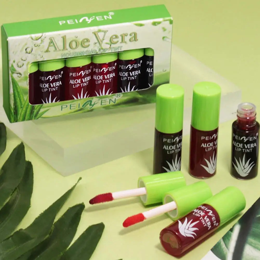 6 Color Lip Tint Stain Set Plumping Liquid Lipstick Aloe Vera Watery Lip Stain Lip Gloss Multi-use Moisturizing Lip & Cheek Tint