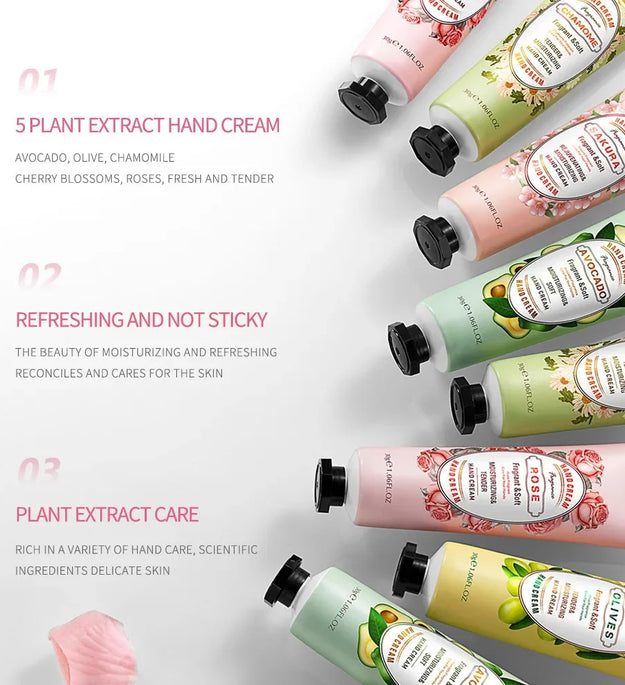 5Pcs/set SADOER Fruit Plant Fragrance Hand Cream Sets Moisturizing Repair Anti Dry Hand Lotion Sets Hands Skin Care Products