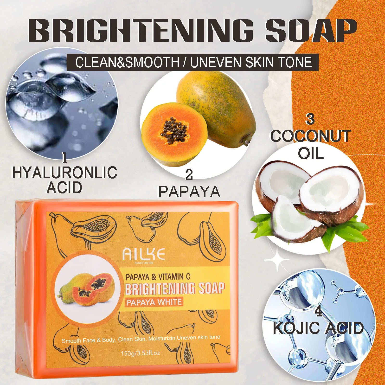 AILKE Skin Whitening Handmade Soap -Organic Papaya Soap For Black Spots, Clean Stains, Improves Dull Skin, Face & Body & Hands