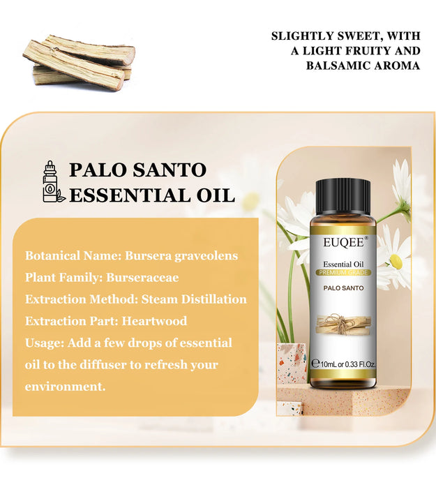 EUQEE 10ML Palo Santo Natural Essential Oil With Glass Dropper Oregano Cardamom Marjoram Fennel Lemon Eucalyptus Aroma Oils