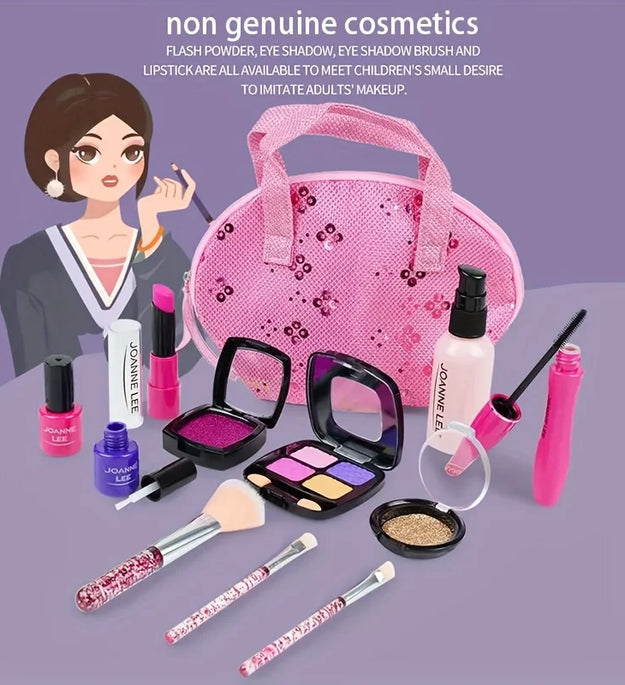 False makeup set, 13 pieces of non-toxic toy cosmetics set, with eye shadow palette, lipstick, applicator, makeup bag, Christmas