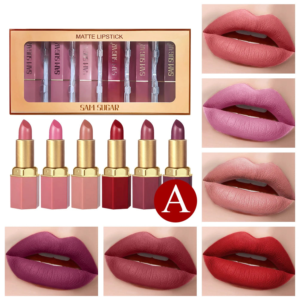 6 Colors Lipstick Set Matte & Glitter Velvet, Waterproof Long-Lasting, Easy Apply, Unisex Gift for Daily, Party, Xmas, Halloween