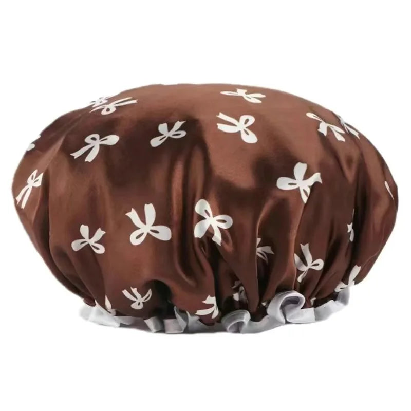 1 Bow Double Layered Waterproof Shower Cap with Ear Protection Design for Bathroom Skincare, Sweet and Practical
