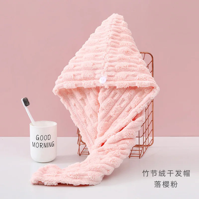 1Pcs Microfiber Quick-dry Hair Towel Cap with Button Super Absorption Bath Hat Fast Drying Hair Drying Wrap Hat Towel for Women