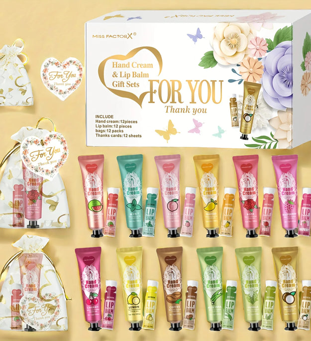 12 Hand gift Hand cream and lip balm set Friends Party Gift with love net bag and thank you card Holiday gift