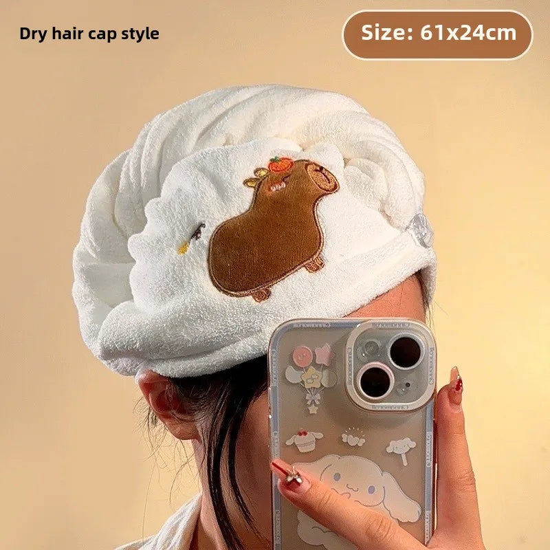 Capybara Dry Hair Cap Coral Fleece Quick Dry Towel Super Absorbent Capybara Head Turban Cute Animal Soft Hair Wraps for Women