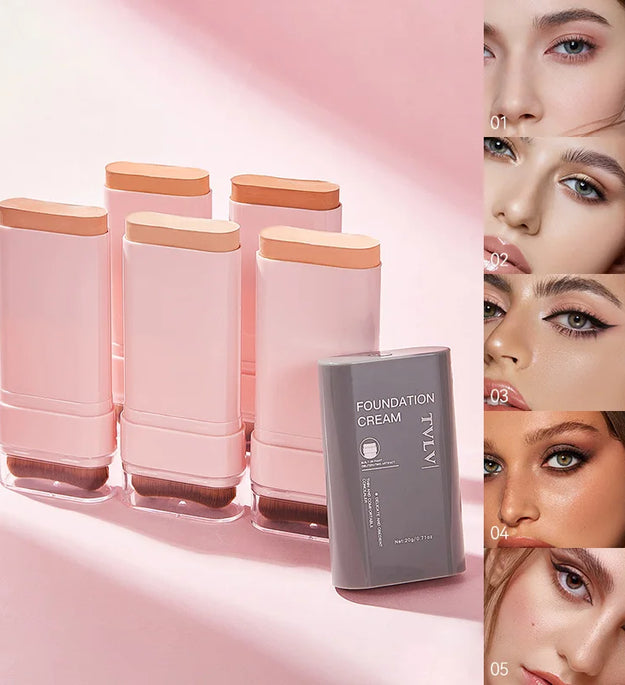 TVLV Concealing Foundation Stick: 5 Shades with Built-In Brush - Cream Finish, Lightweight and Waterproof Formula,