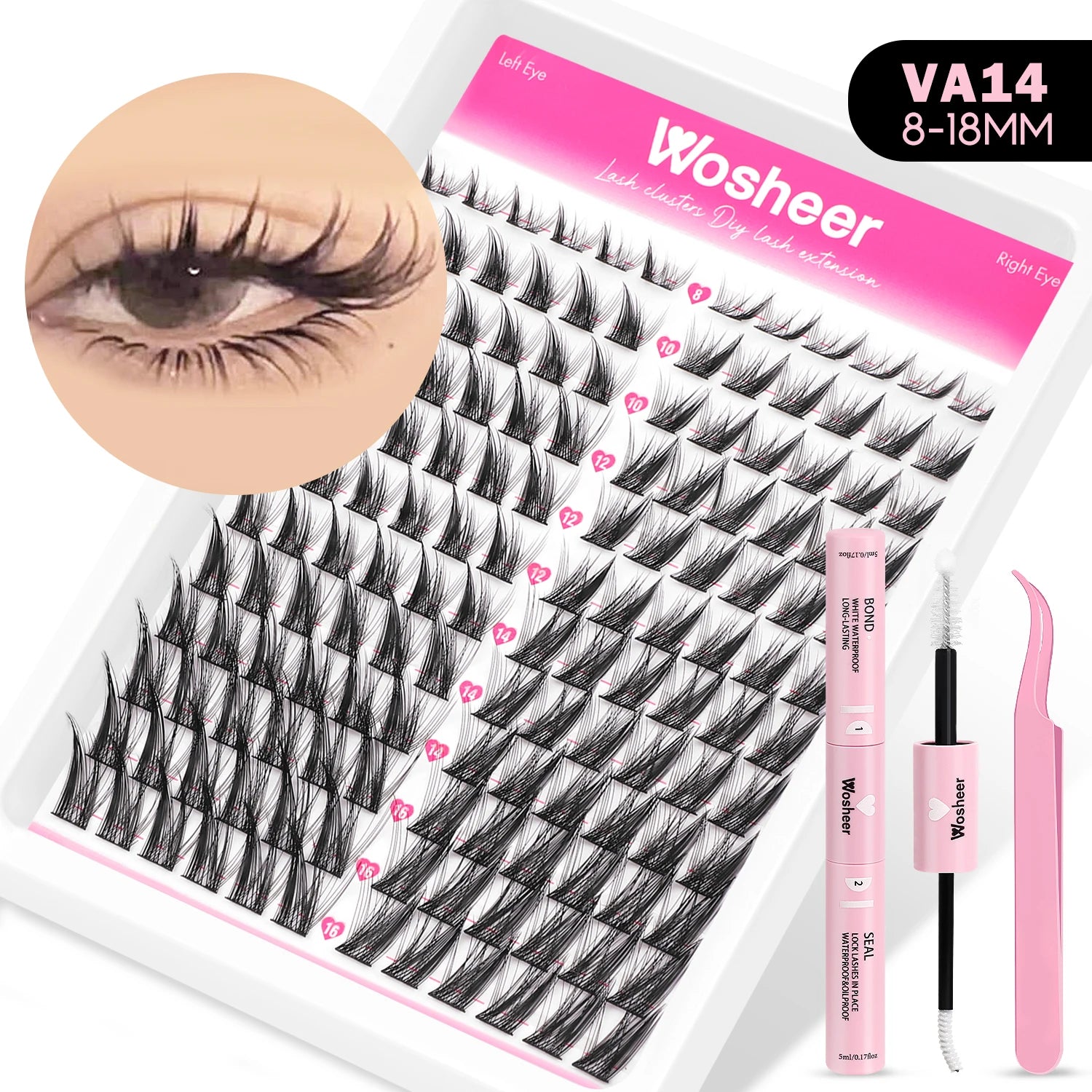 WOSHEER Manga Lash Clusters Kit Cat Lashes with Lash Bond & Seal Cluster Eyelash Extensions Mixed Tray Eyelash Clusters Kit