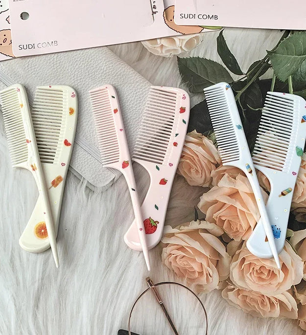 2pcs/set Cute Kids Hairdressing Supplies Comb Anti-static Pointed Tail Hair Brush for Girls Cartoon Strawberry Fruit Hairbrush