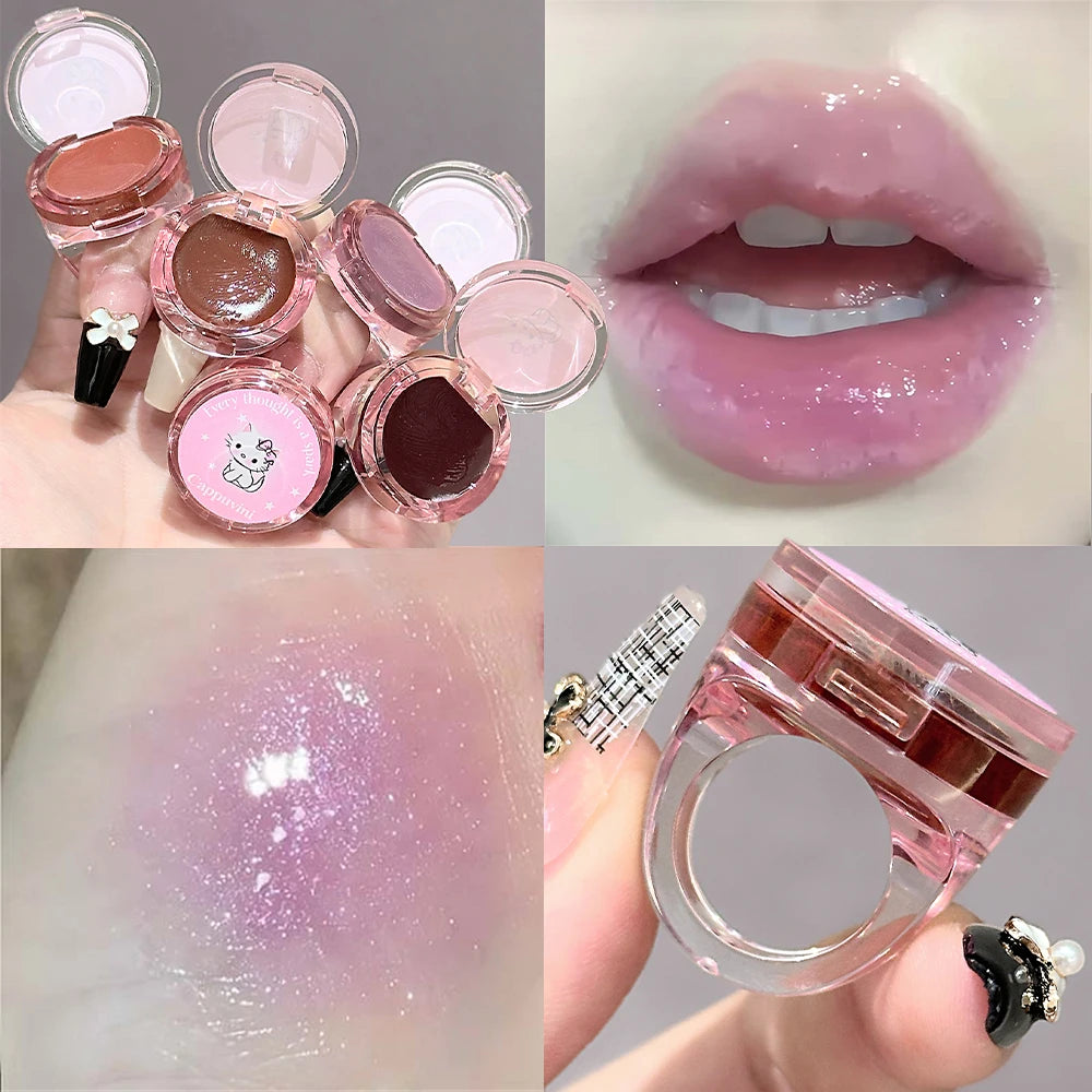 Crystal Grape Mirror Glassy of Cute Ring Lipstick Hydrating Sheer Glitter Tint Lip Balm Non-Sticky Plumper Lip Gloss Makeup