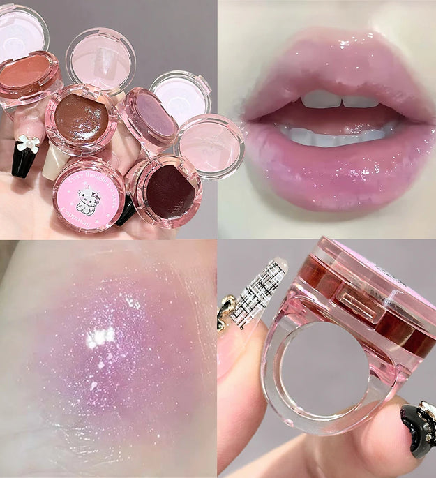 Crystal Grape Mirror Glassy of Cute Ring Lipstick Hydrating Sheer Glitter Tint Lip Balm Non-Sticky Plumper Lip Gloss Makeup