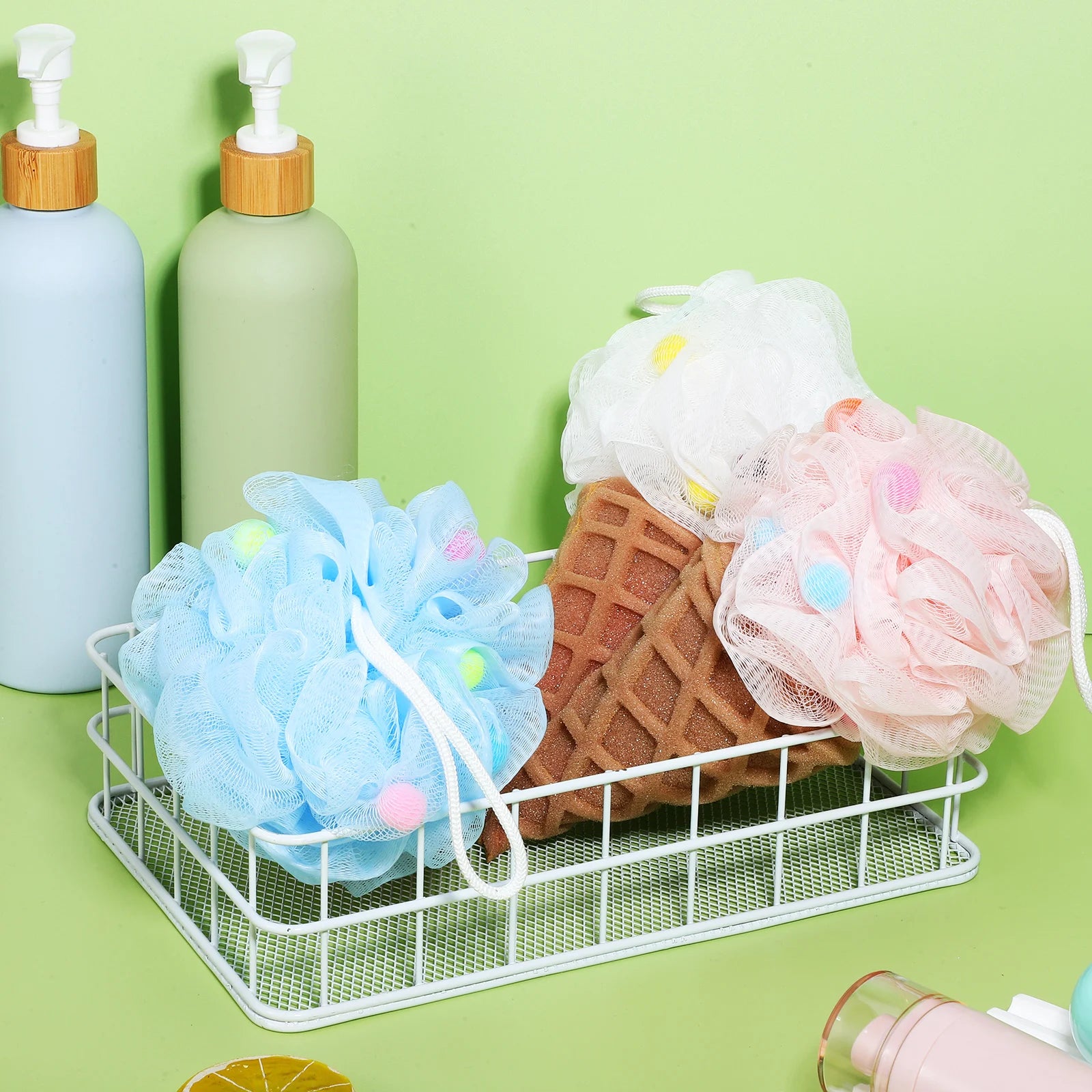 3Pcs Kids Loofah Ice Cream Bath Ball Toddler Shower Sponge Soft Foaming Shower Puff Body Scrubber Kids Loofah Bath Sponge