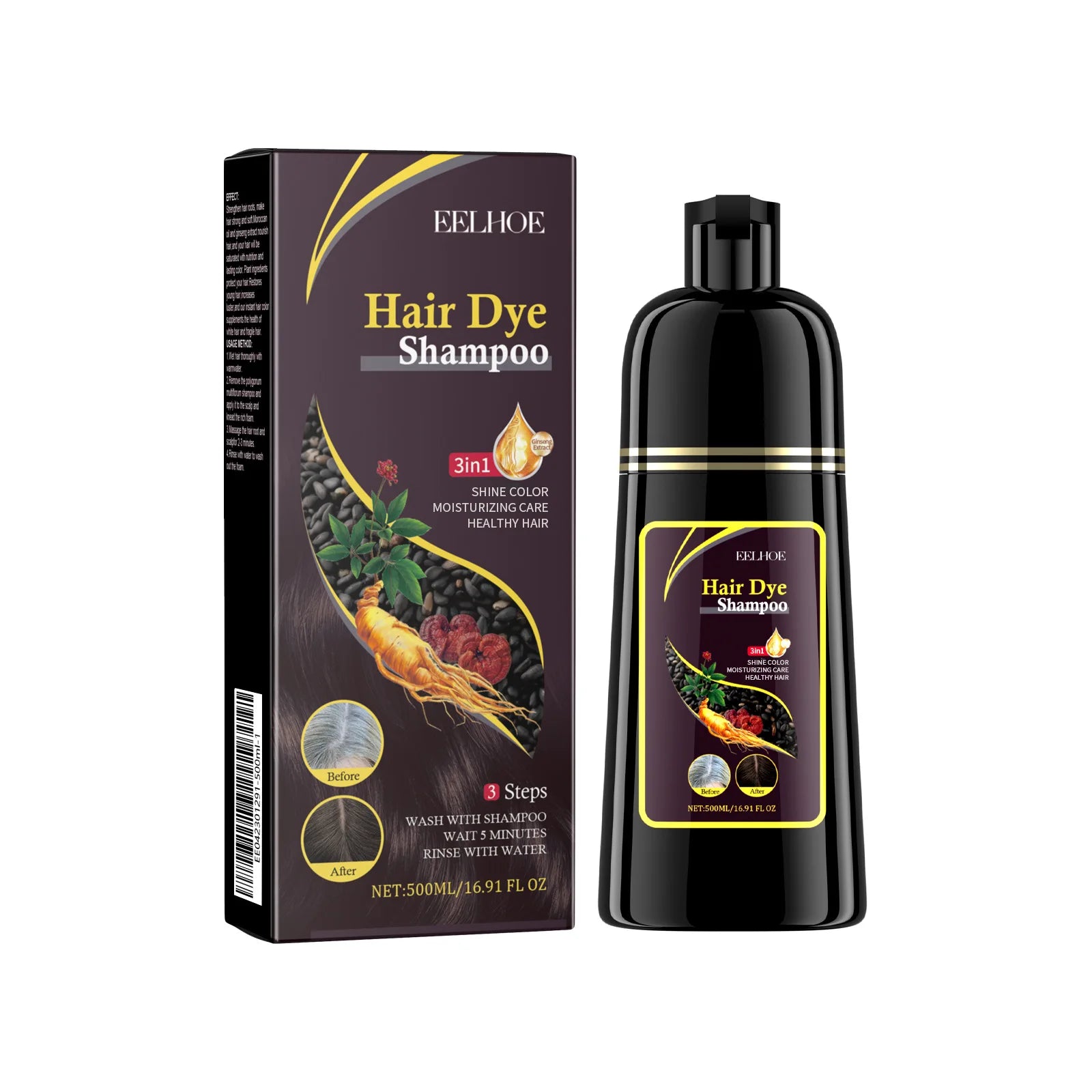 EELHOE 3-in-1 Hair Dye Shampoo to Darken Hair Cleaning Hair Color Shampoo Polygonum Multiflorum Growth of Hair Dye Shampoo 500ml - BlissFully