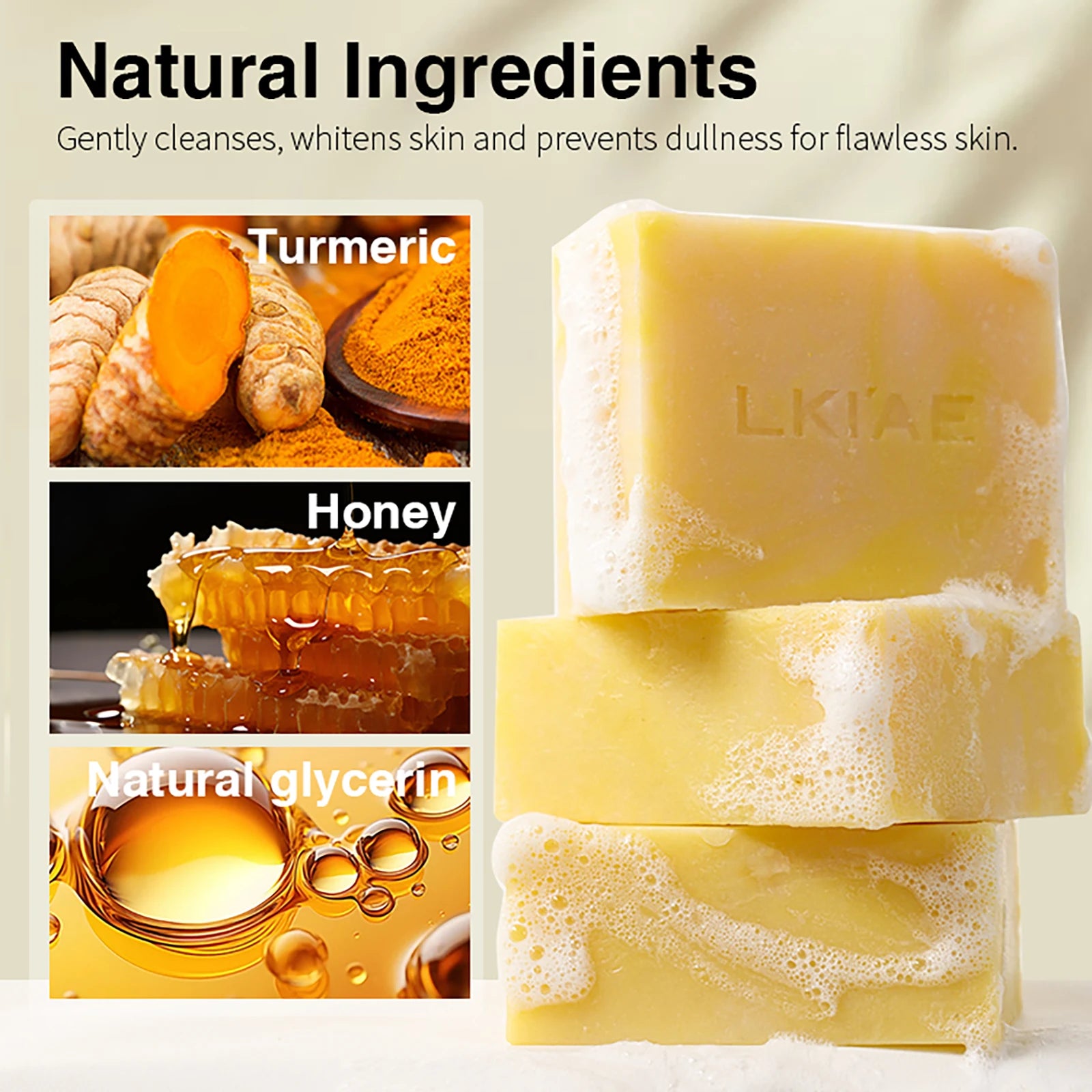 Natural Turmeric Whitening Soap Bar, Reduce Acne, Spots, Moisturize and Smoothen Skin, With Honey, Glycerin, 150g/5.3 oz