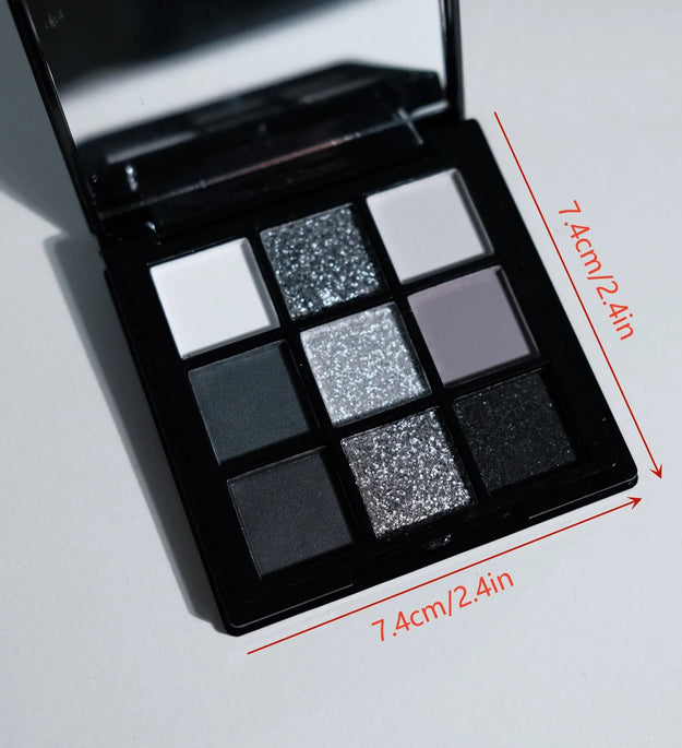 9 Colors Eye shadow Palette, Dark Black Grey Silvery Color Shimmer Matte Finish Smokey Style Stage Party Performance Makeup