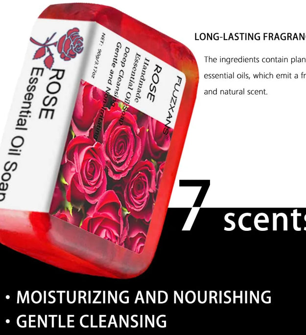 90g FUJZXANS Handmade Essential Oil Soap Bars - Rose, Jasmine, Green Tea, Calendula, Osmanthus, Lavender, Lemon - 7 Long-Lasting