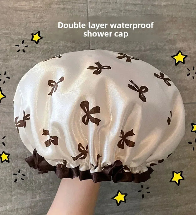 1 Bow Double Layered Waterproof Shower Cap with Ear Protection Design for Bathroom Skincare, Sweet and Practical
