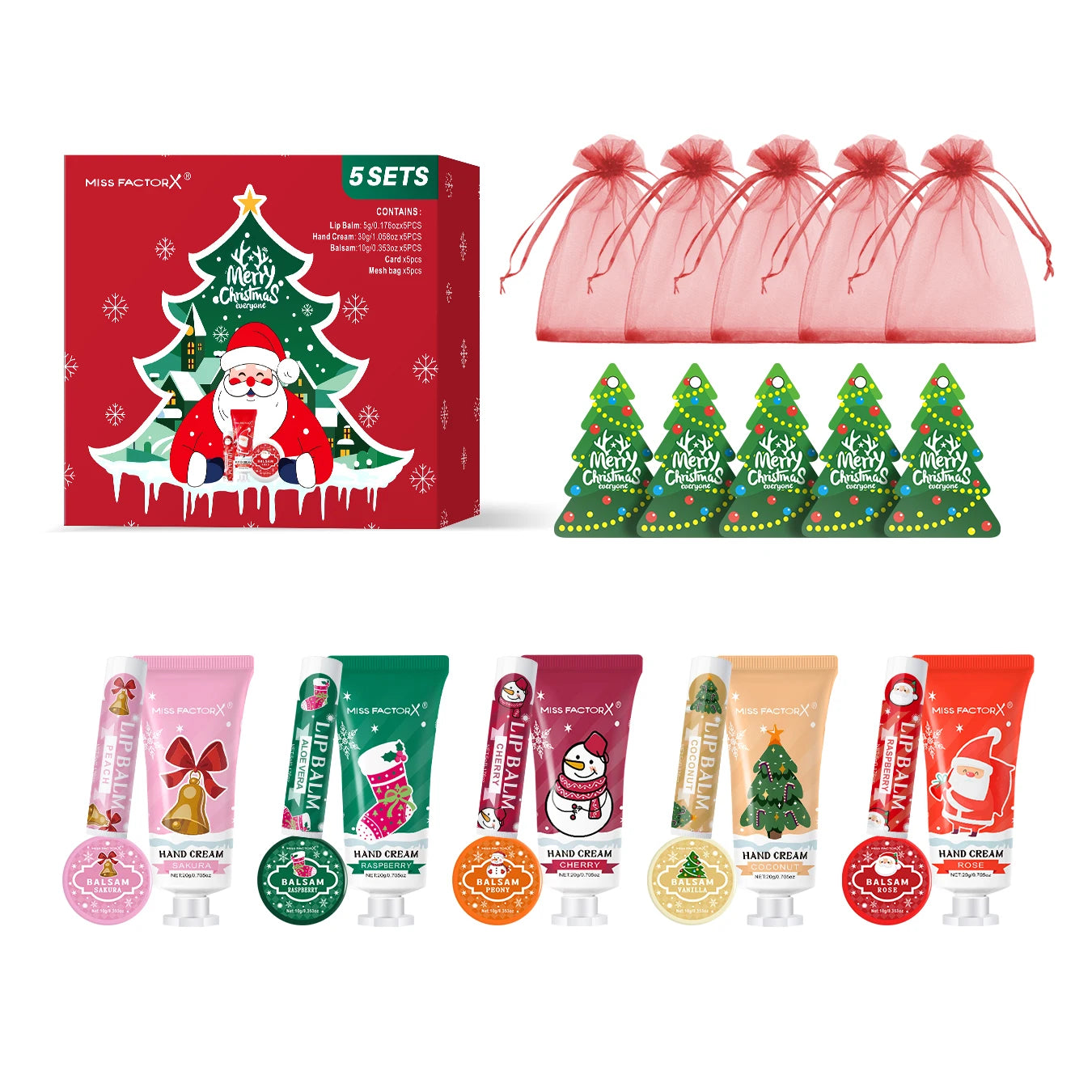 Christmas assembly gift set -5 sets, including balm, hand cream, lipstick, red gauze bag, Christmas tree thank you card