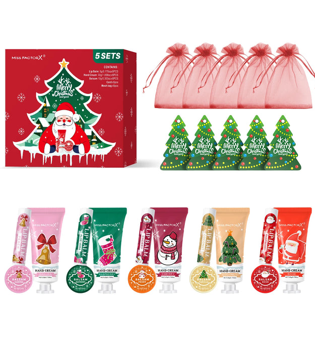 Christmas assembly gift set -5 sets, including balm, hand cream, lipstick, red gauze bag, Christmas tree thank you card