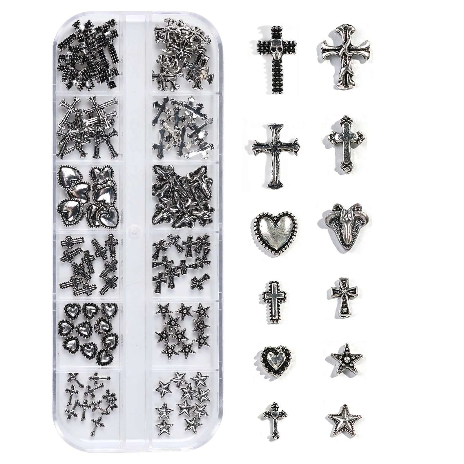 12 Gothic Punk Retro Dark Nail Jewellery 3D Cross Heart Devil Angel Nail Rhinestone Accessories DIY Glamour Nail Decoration