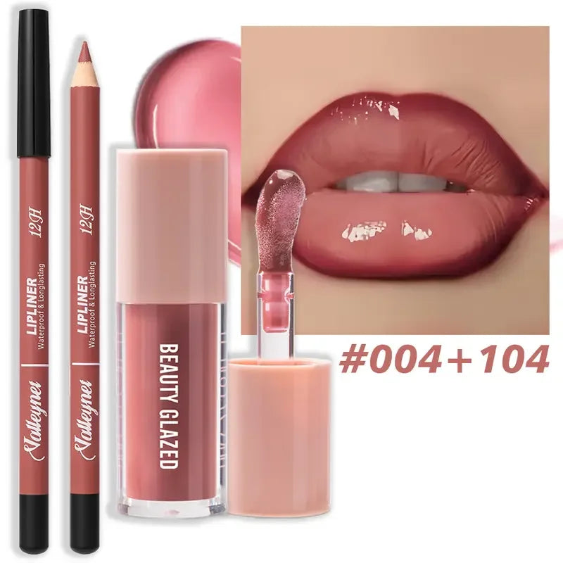 2pcs Waterproof Long-Lasting Matte Lip Makeup Set - Lip Liner & Glaze Combo with Pencil Texture, Red, Brown, Pink, Nude Tones