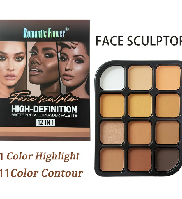 Deep Skin 12-Color Matte Contour Palette - Full Coverage All-In-One Highlighter Shading & Powder Face Makeup Kit