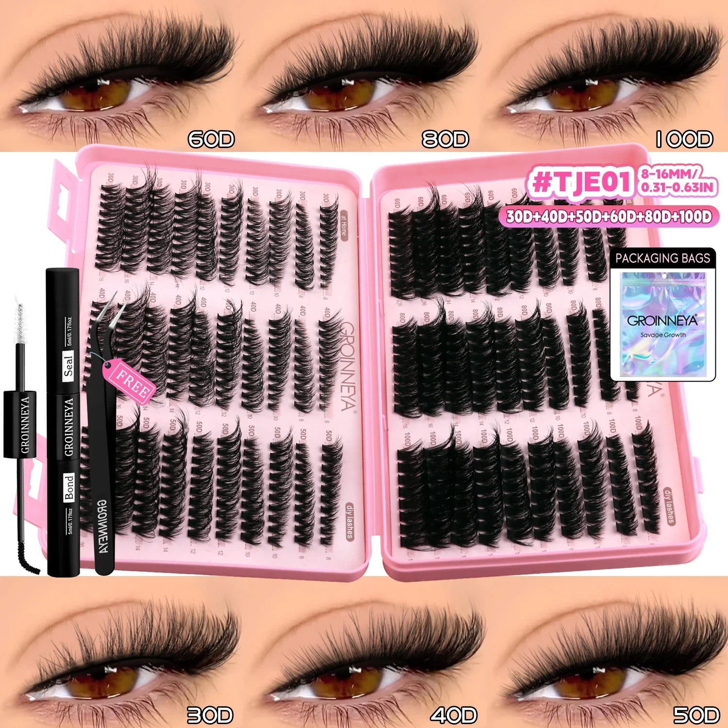 GROINNEYA Lash Clusters Kit Cat Lashes with Lash Bond & Seal Wispy Cluster Eyelash Clusters Kit DIY Eyelash Extensions at Home