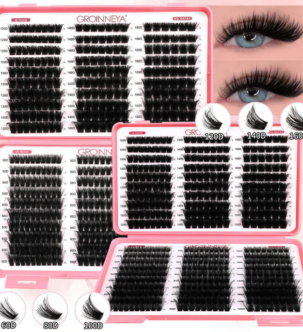 GROINNEYA Lashes Cluster DIY Lash Extension Mixed Tray Clusters Eyelashes Fluffy Volume Individual Lashes Cat Eye Lash Extension