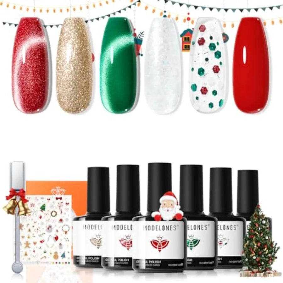 Christmas Gel Nail Polish Set 6 Colors Cat Eye Red Green Glitter Gold Silver Winter Gel Polish Kit with Magnet Nail Stickers So