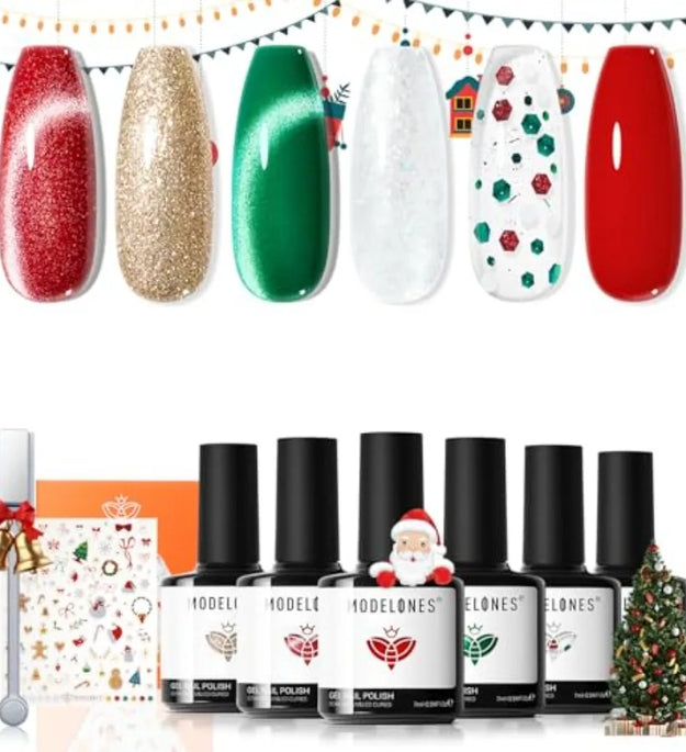 Christmas Gel Nail Polish Set 6 Colors Cat Eye Red Green Glitter Gold Silver Winter Gel Polish Kit with Magnet Nail Stickers So