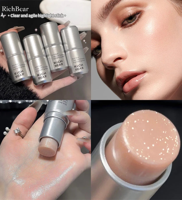Rich Bear Highlighter Stick - Dewy Finish, Contour & Blush 3-in-1, Natural Glow with Fine Shimmer, Affordable Makeup Stick