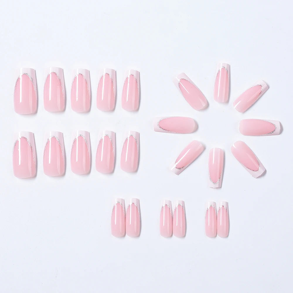 24Pcs Short Square Coffin False Nails French Glitter Wearable Fake Nails Acrylic Full Cover Women Ballet Press on Nails Tips