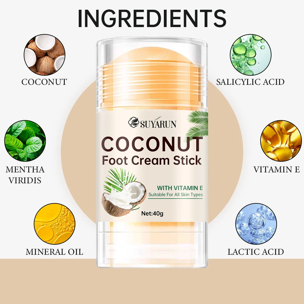 SUYARUN Coconut Foot Balm Stick for Cracked Heels Repair, Moisturizing Heel Care, Hydrating & Portable Dry Skin Treatment.