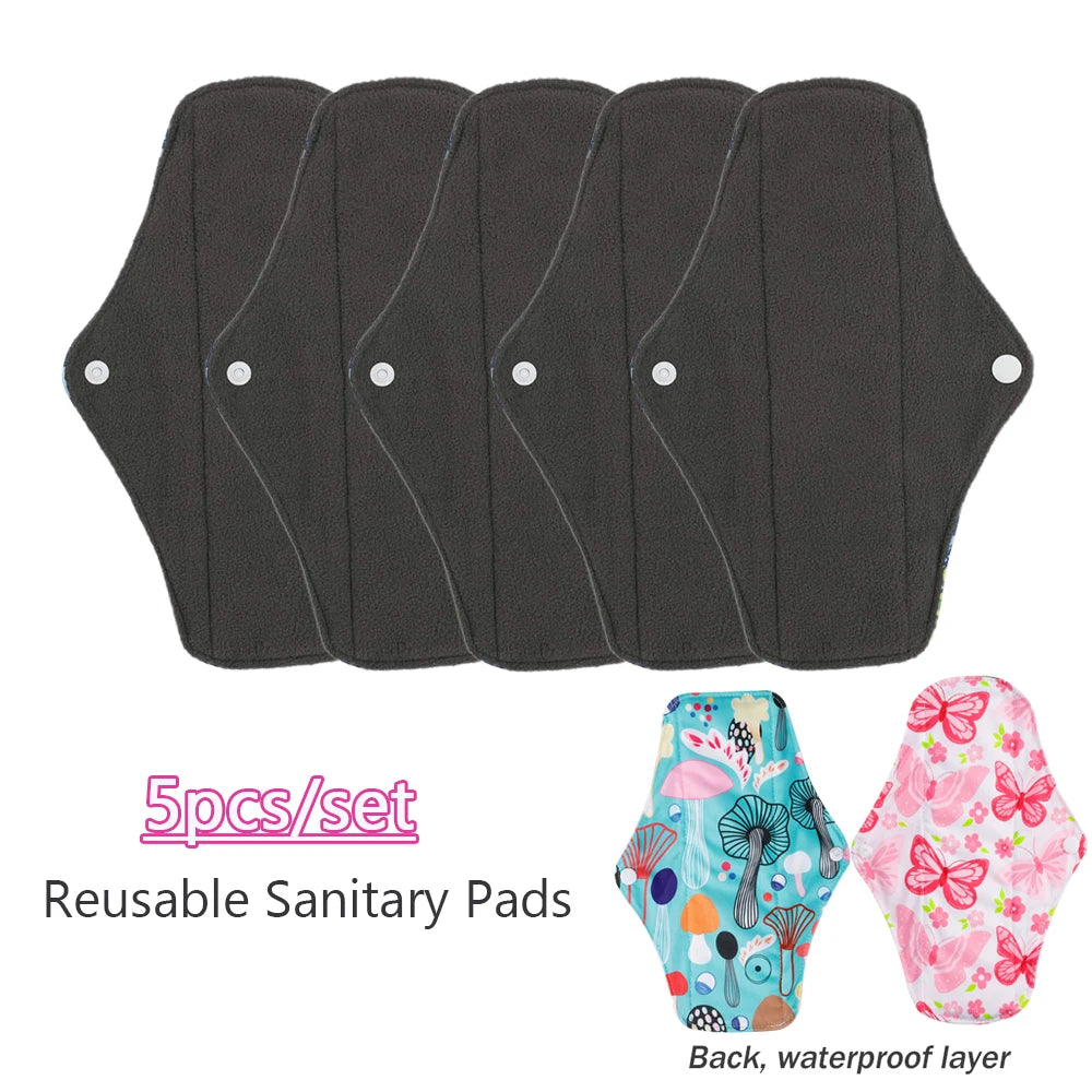 5PCS Reusable Menstrual Pads Heavy Flow Women Menstrual Period Washable Sanitary Napkin Organic Bamboo Charcoal Cloth Pad