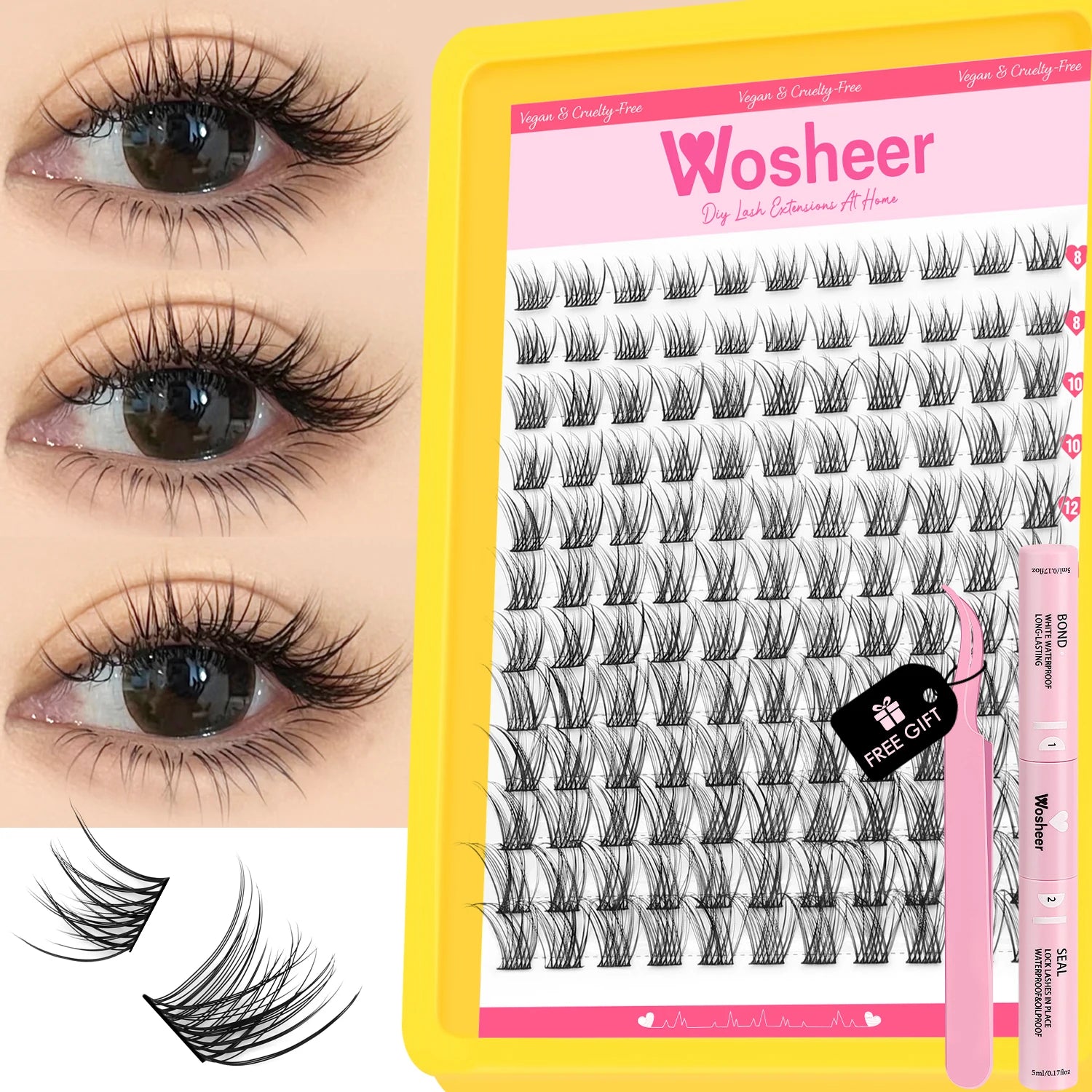 WOSHEER Lashes Cluster Kit Cat Lashes DIY Natural Eyelash Extension Kit Lash Bond & Seal Eyelash Clusters Set Makeup