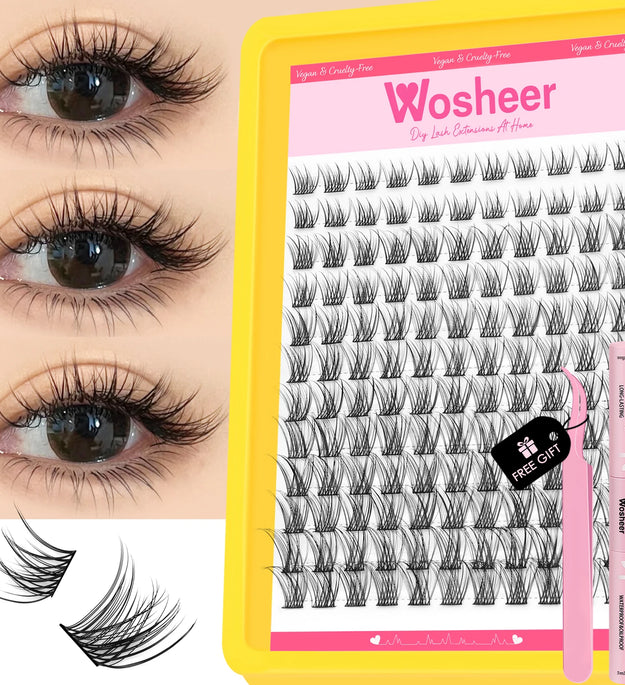WOSHEER Lashes Cluster Kit Cat Lashes DIY Natural Eyelash Extension Kit Lash Bond & Seal Eyelash Clusters Set Makeup