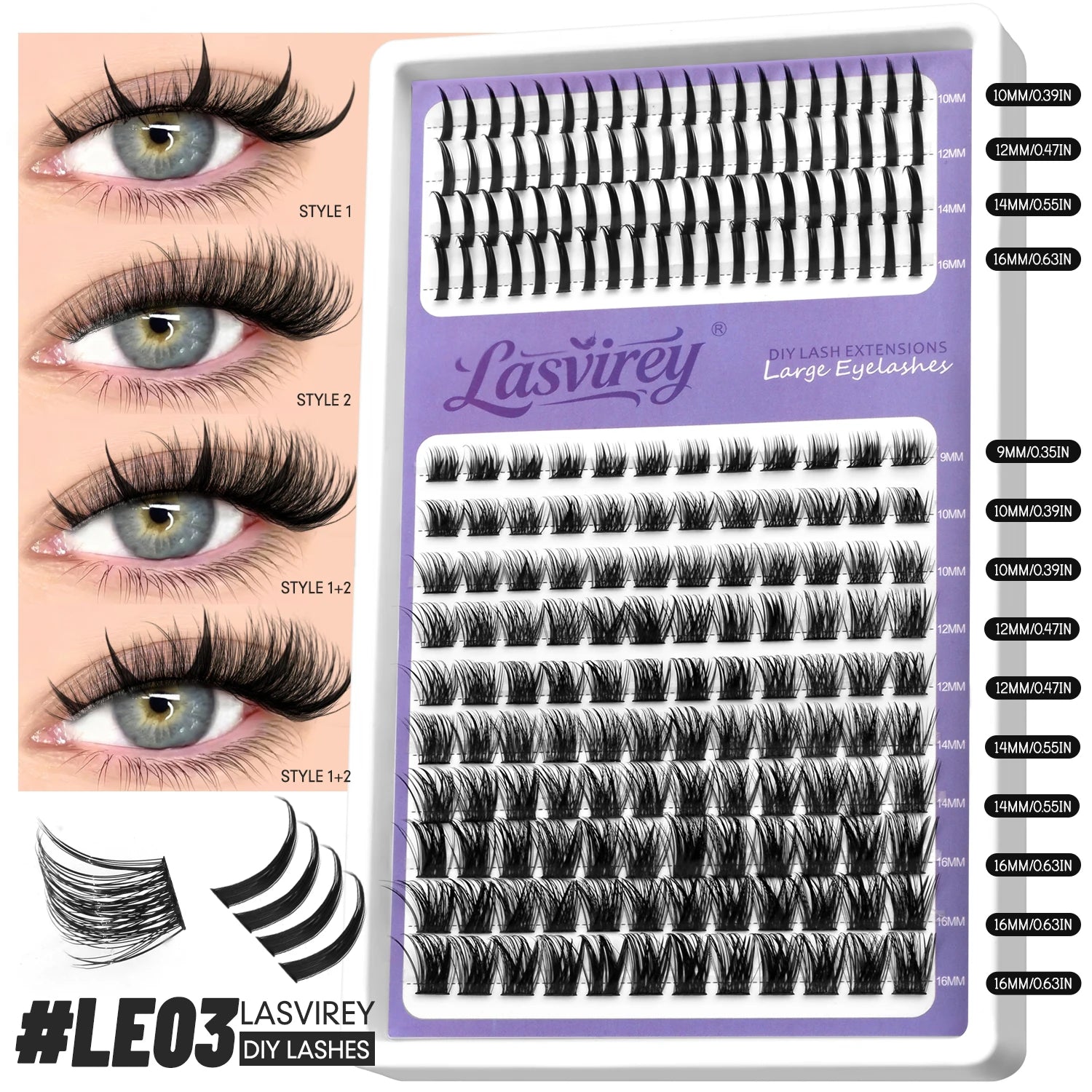 LASVIREY Fluffy Lash Clusters DIY Spiky Cluster Lashes Mixed Tray Individual Lashes Extension Natural Thick Faux Mink Lashes