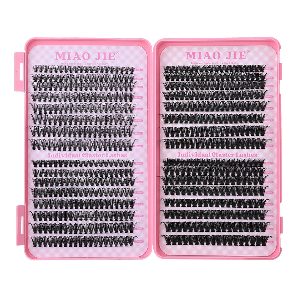 MIAOJIE Eyelash Extension Kit Complete 640pcs D Curl Eyelash Extension Kit with Cluster Eyelashes, Applicator and Bond & Seal