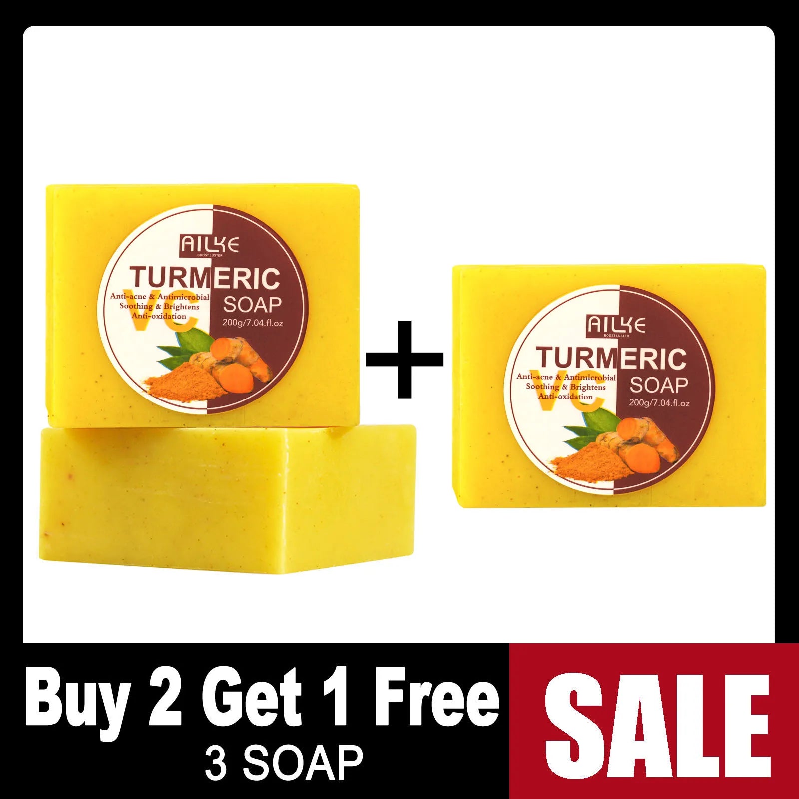 AILKE Natural Turmeric Soap for Face & Body, Whitening, Clean Stains, Even Skin Tone, Remove Acne, Age Spot, Black Spot, 200g