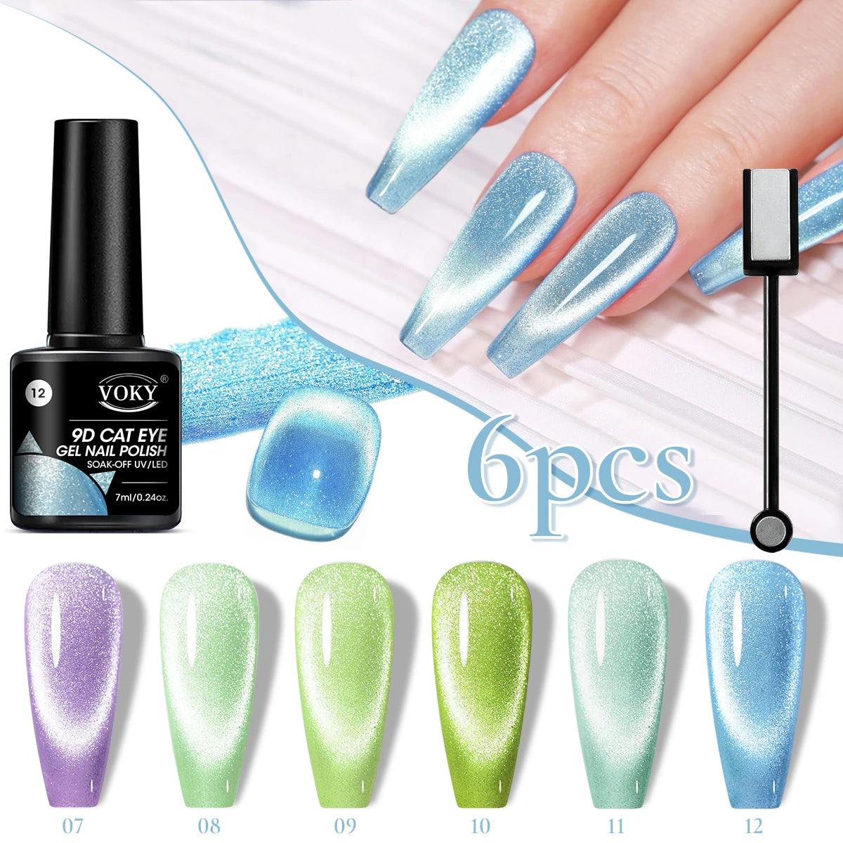 6pc Glitter Cat Magnetic Nail Gel Polish Set Cat Eye Holographic Reflective Semi Permanent UV Gel Soak Off Sparkling Nail Art