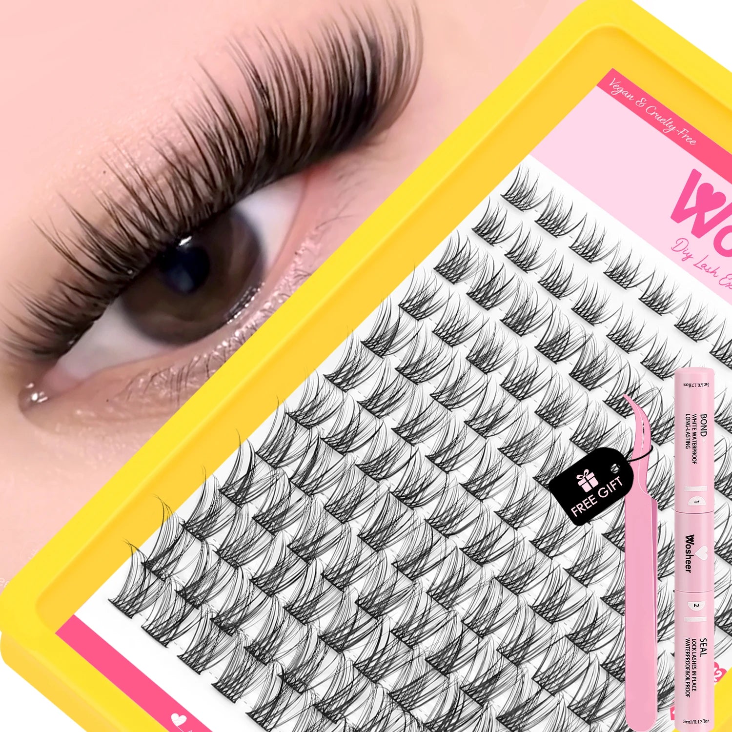 WOSHEER Lashes Cluster Kit Cat Lashes DIY Natural Eyelash Extension Kit Lash Bond & Seal Eyelash Clusters Set Makeup